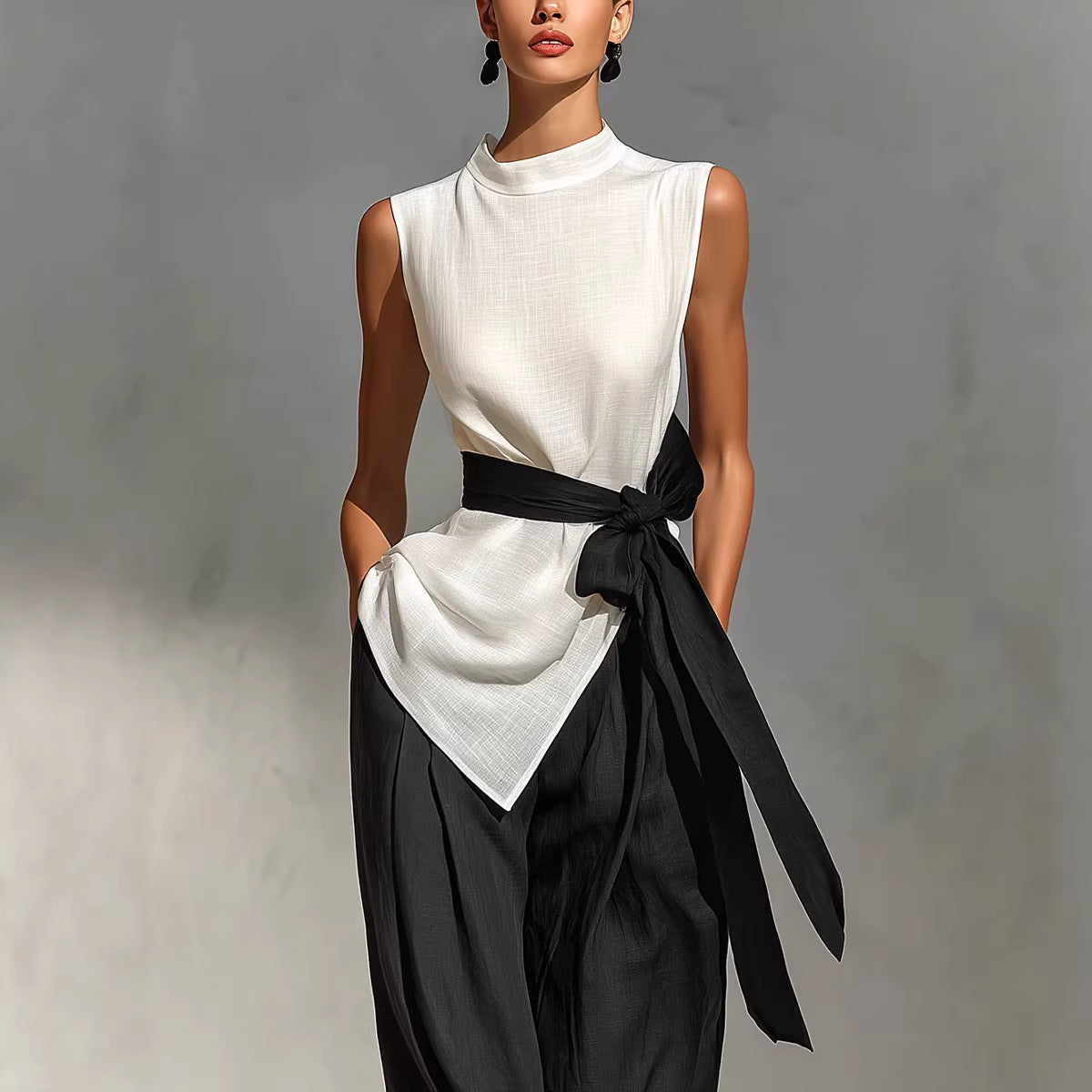 Side profile of the matched sleeveless top and wide-leg pants set
