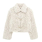 Cream curly fleece cropped jacket shown flat with long sleeves and lapel collar