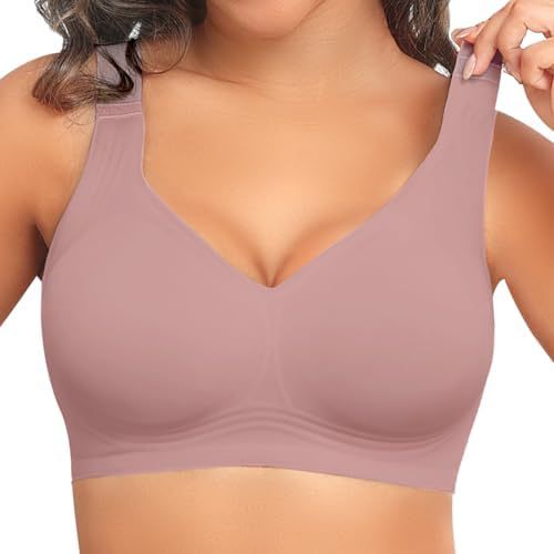 Dusty mauve seamless wireless bra with wide straps, close up on a model, Gray Purple option, size 3XL