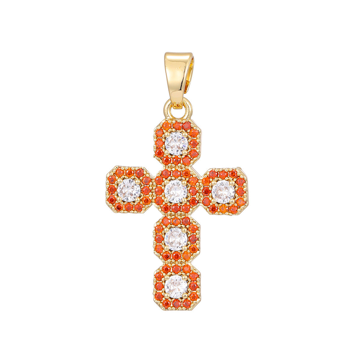 Silver tone cross pendant paved with clear cubic zirconia, close up detail