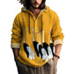 Man wearing a mustard yellow hooded henley shirt with a row of cranes print