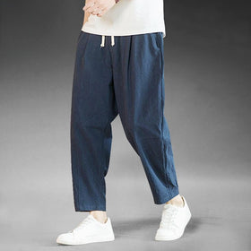 Mens Loose Cotton Linen Wide-Leg Casual Pants, Plus Size