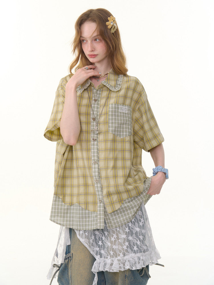 Green plaid doll collar shirt paired with trousers and a skirt