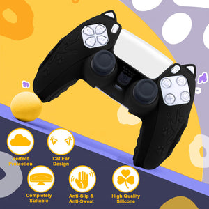 Black cat ear silicone cover for PS5 controller showing embossed cat and paw print grips