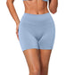 Light blue high waisted seamless yoga shorts with a wide ribbed waistband, front view, size XL option