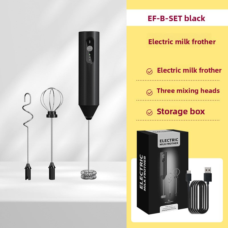 Black EF-B-SET milk frother with egg beater and mixing heads, storage box and USB charging cable