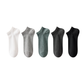 Row of no show mesh knit bamboo blend ankle socks in five neutral shades on a white background