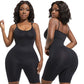 Black full body seamless shaping bodysuit on a model, front and back views over mid thigh legs