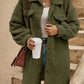 Womens plush fleece button front long coat in leopard print yellow, chest pocket detail