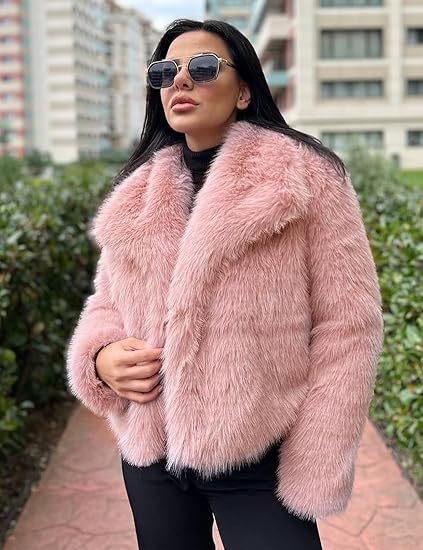 Cropped vegan faux fur jacket with a large shawl collar and soft polyester fur pile