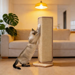 Cat stretching up a tall sisal scratching post on a wood base beside a sofa under a warm yellow lamp