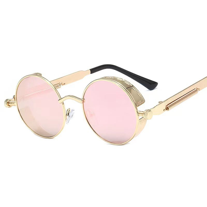 Round metal sunglasses with coiled spring temple arms and small side shields