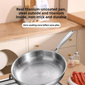 Brushed titanium frying pan on a kitchen counter beside a gas stove and spice jars