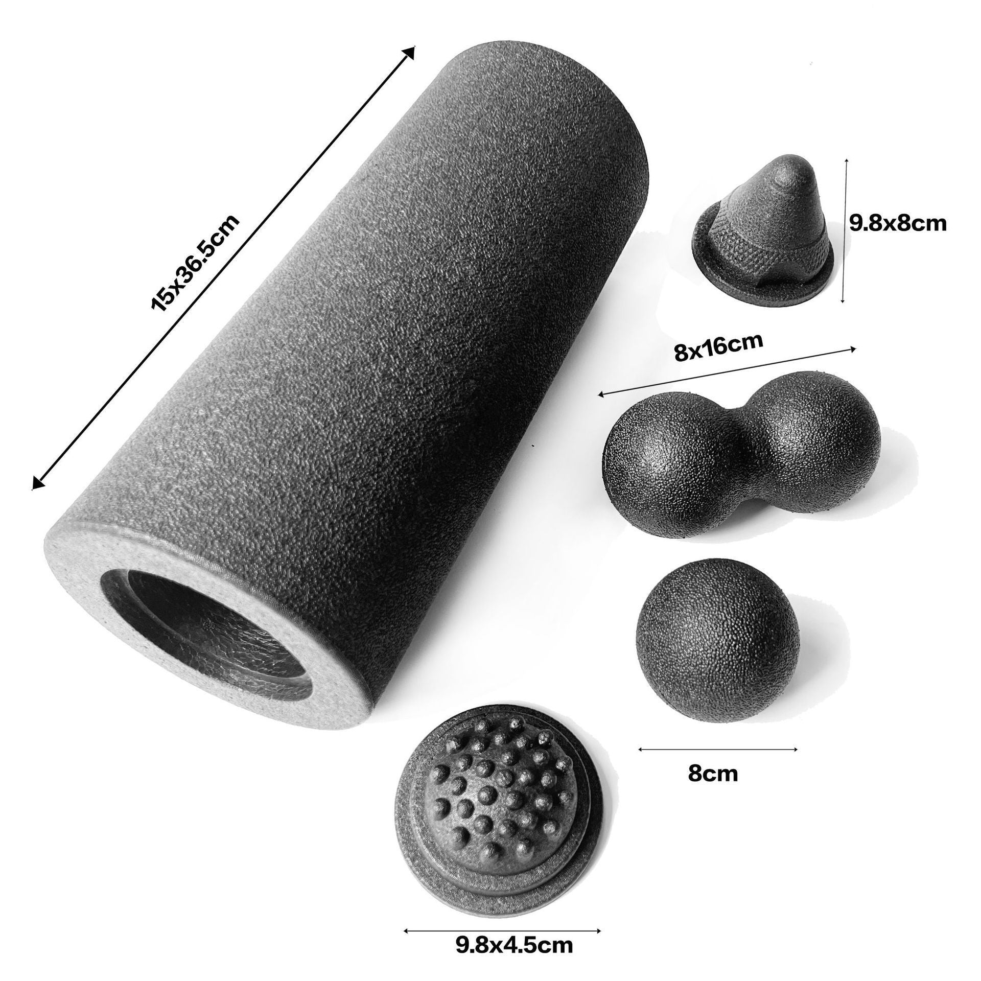 Black EPP foam roller and massage tools laid out with labeled dimensions on a white background