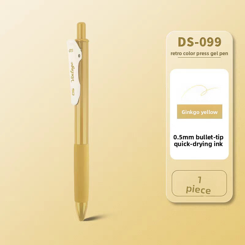 Mustard yellow retractable gel pen on a matching background, labeled Ginkgo yellow, Ginkgo Yellow 1pc