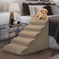 Light Brown five tier foam pet stairs by a bed with a golden retriever on top, option photo for Small 3-tier 58x31x28cm