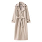 Double breasted belted longline woollen look overcoat, full length view of the longline hem past the knee