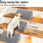 Gray foam wedge steps on a staircase with a bulldog and the recommended stair height and width printed on the image