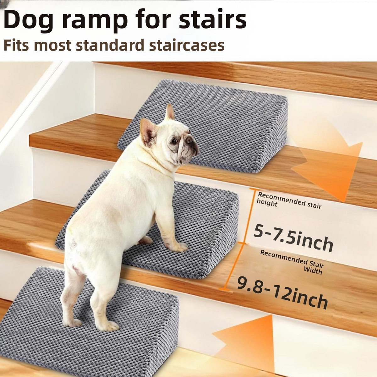 Gray foam wedge steps on a staircase with a bulldog and the recommended stair height and width printed on the image