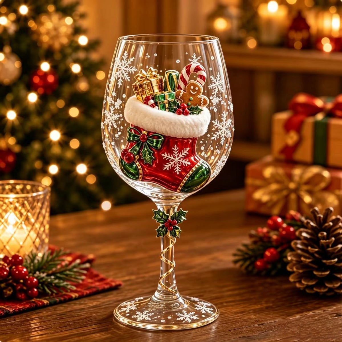 Close view of a Christmas painted glass goblet bowl with snowflake detailing
