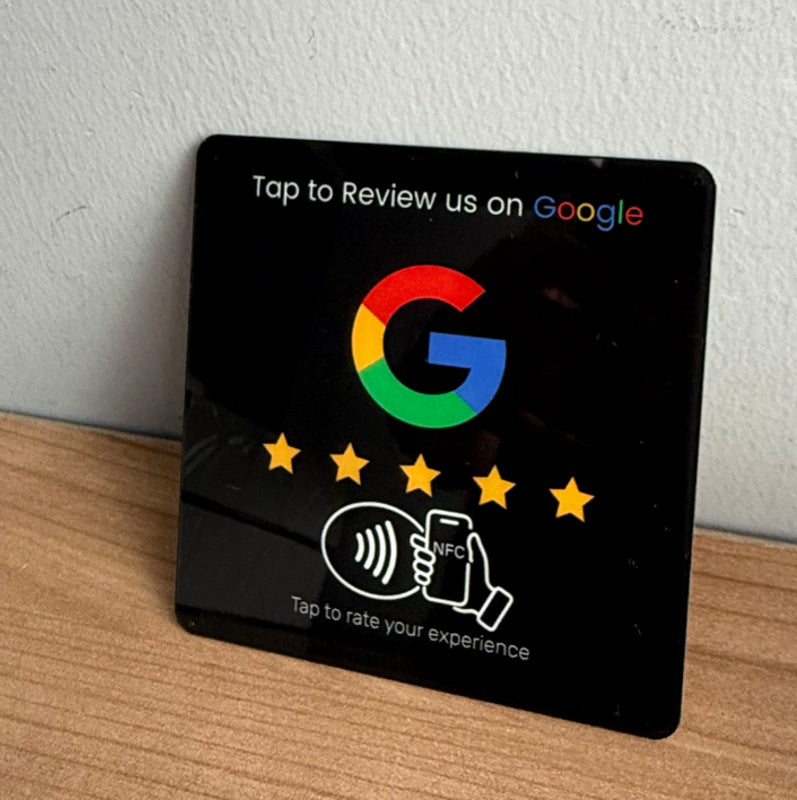 Acrylic NFC table sticker printed to tap a phone through to a Google review page