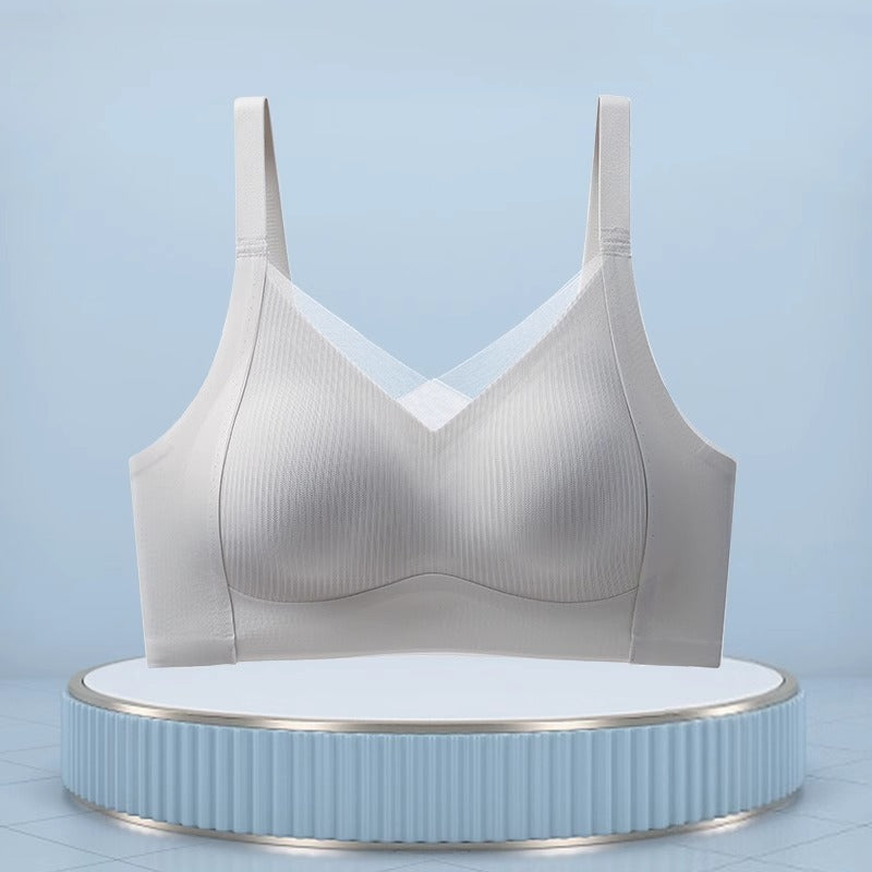 Seamless wireless vest bra wide comfort strap and V mesh panel front view
