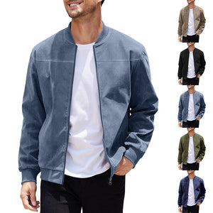 Men's suede aviator jacket front view with stand collar