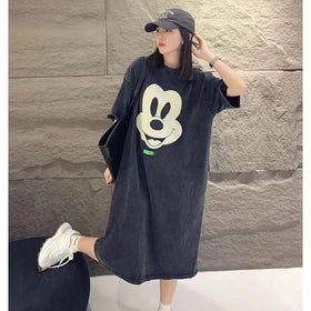 Summer New Pure Cotton Washed Vintage Short-Sleeve T-Shirt Dress for Women with Print