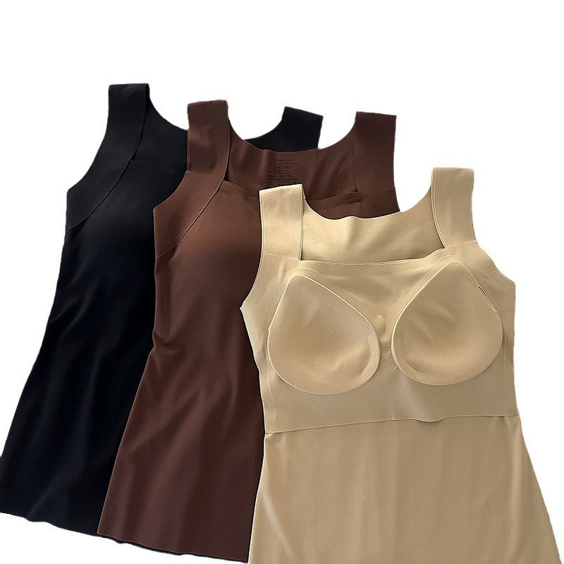 Nude, brown and black seamless tank tops on a white background, the nude top showing its built-in cups