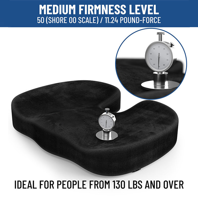 Black velvet covered memory foam seat cushion viewed at an angle