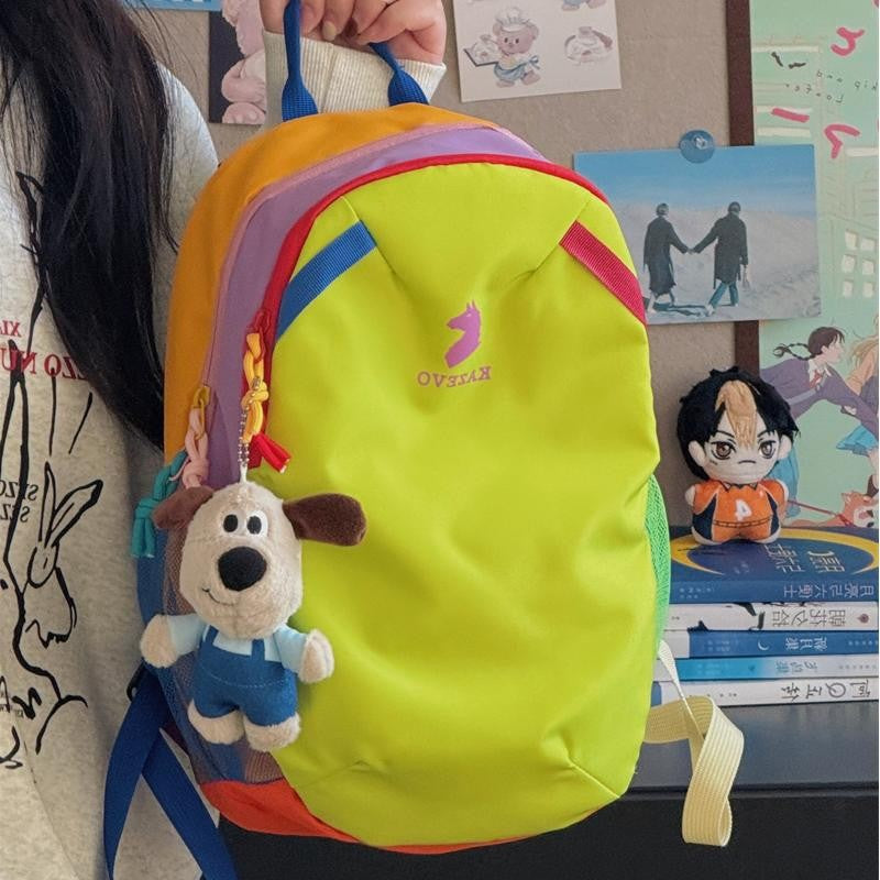 Lime green color block backpack carried by the top handle, contrast rainbow trim and side mesh pocket