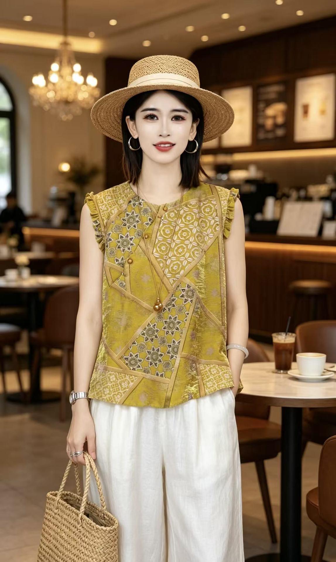 Sleeveless jacquard blouse with ruffle armhole trim in a bright cafe setting