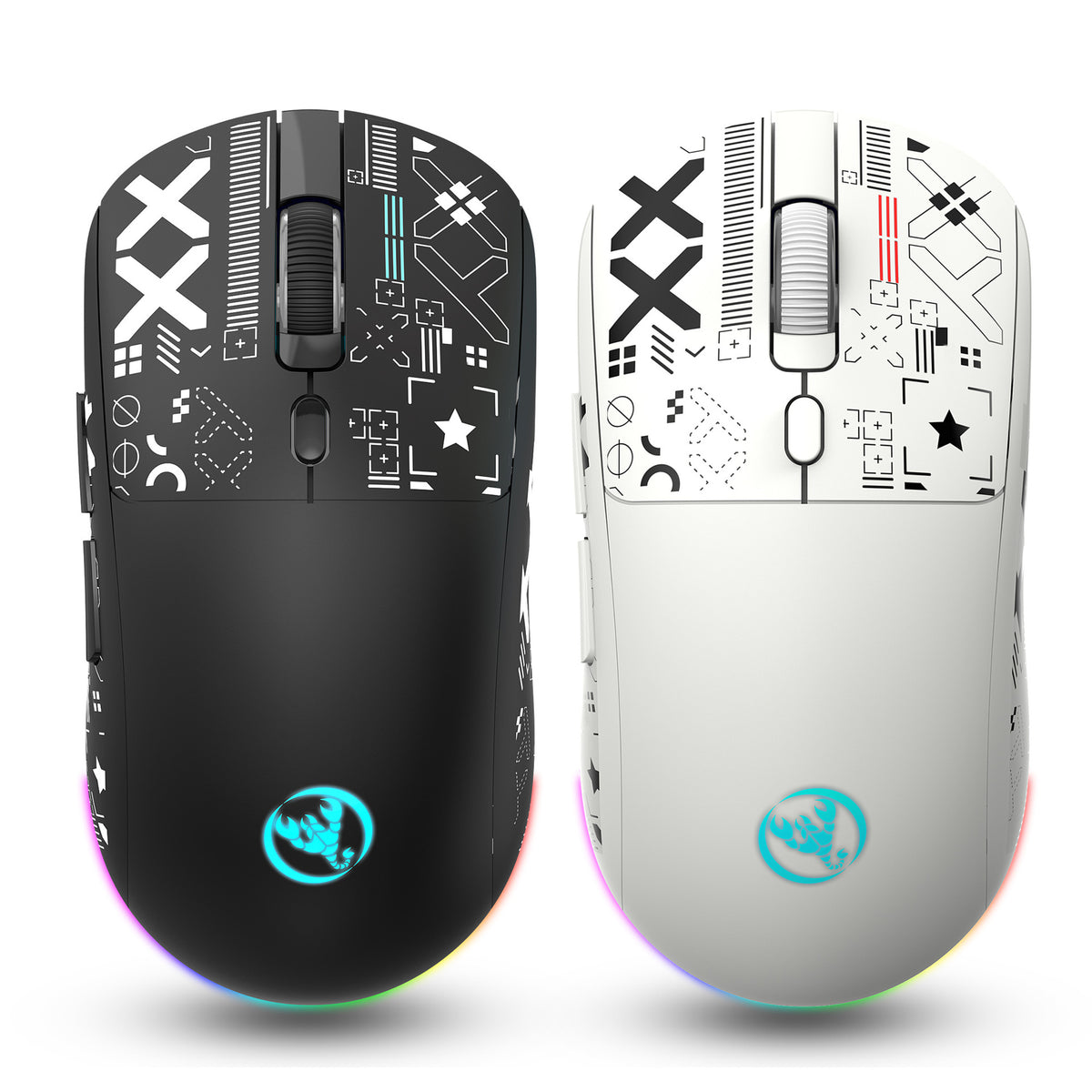 Black and white T90 gaming mice seen from above with RGB light rings and scorpion logos