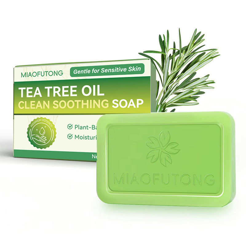 Tea tree oil cleansing bar, rounded rectangle, front view on a plain background