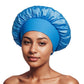 Dark Blue satin sleep bonnet with ruffled crown and wide elastic band, 35 cm diameter