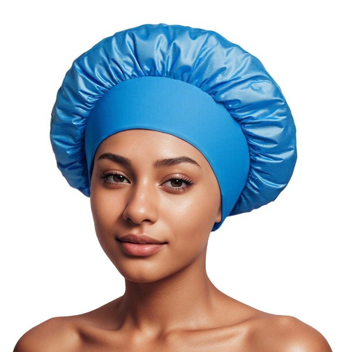 Dark Blue satin sleep bonnet with ruffled crown and wide elastic band, 35 cm diameter