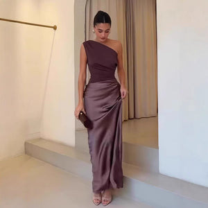 Front view of the casual day dress showing its soft drape and clean waist line