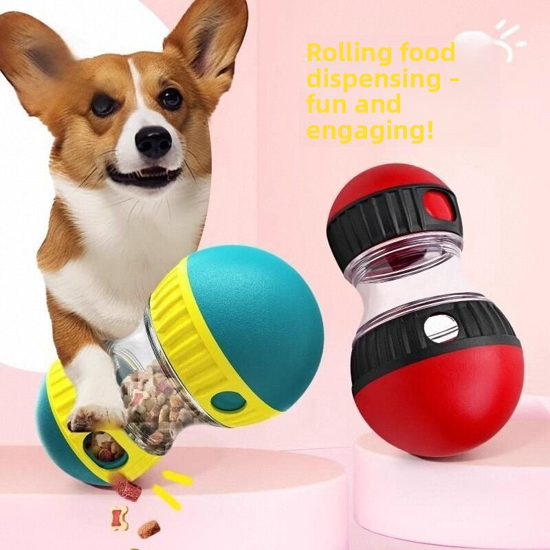 Red ABS pet food dispensing ball with clear chamber and adjustable ring