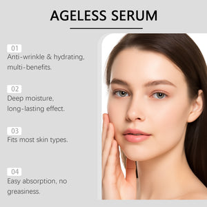 Facial serum feature panel showing a model with clear, radiant looking skin