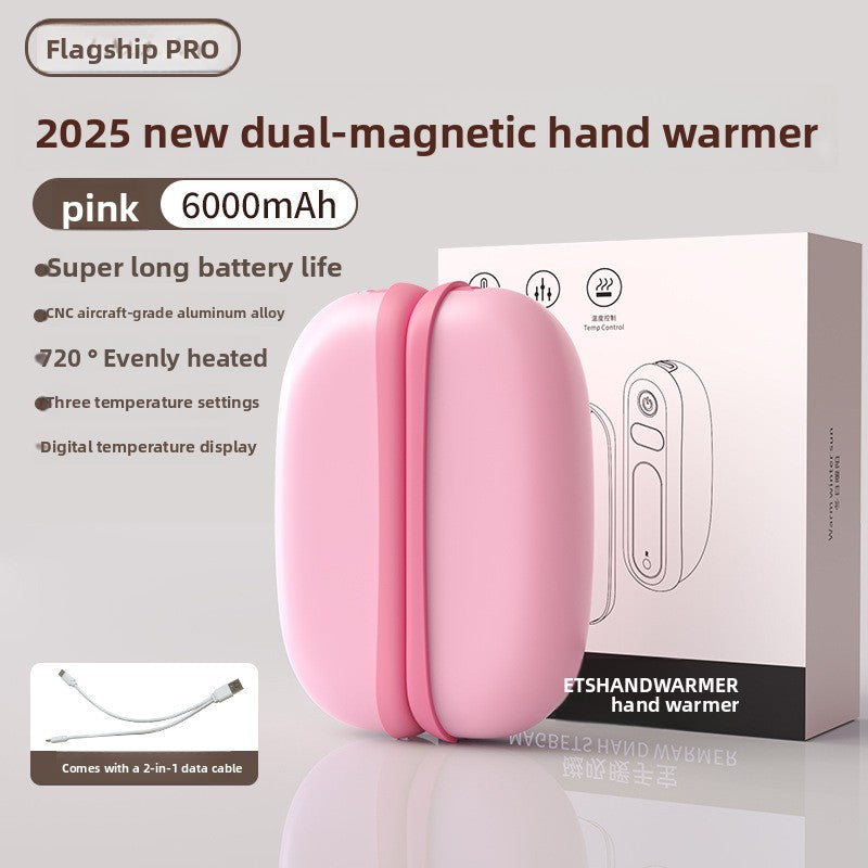 Pink magnetic hand warmer with 6000 mAh label standing in front of its retail box, product photo