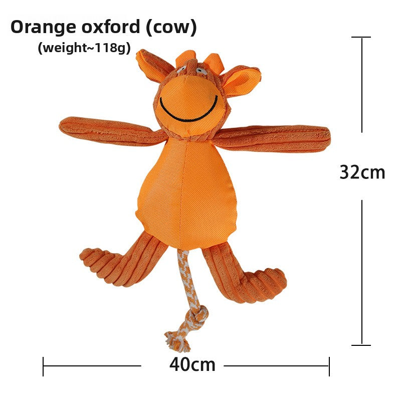 Soft corn velvet and plush squeaky pet toy shaped like a cartoon animal on a plain background