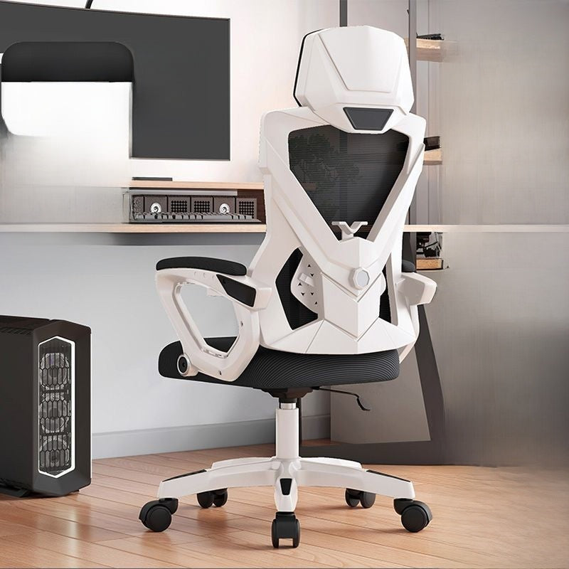 White frame black mesh high-back mesh computer chair, lumbar support 4-way sliding armrest option