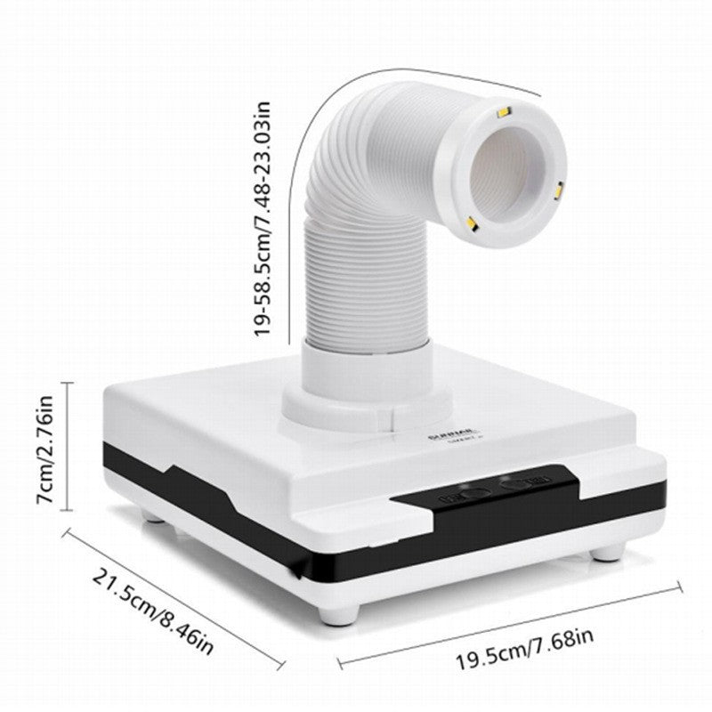 Desktop dust collector shown from the side with the hose bent over the work area