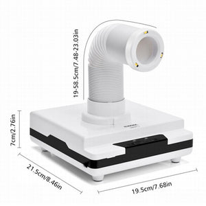 Desktop dust collector shown from the side with the hose bent over the work area