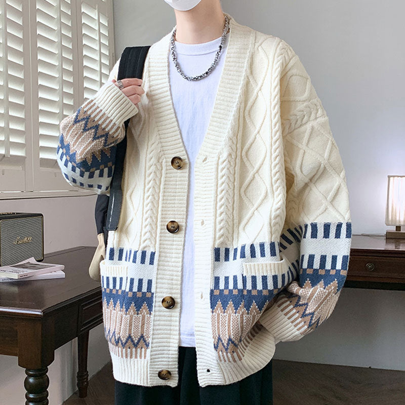 Cream cable knit V neck cardigan with a jacquard band, image for the Cream option in size XXL