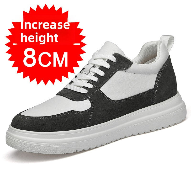 White and charcoal low-top sneaker with a chunky white sole and no side tag, 8 cm hidden lift version