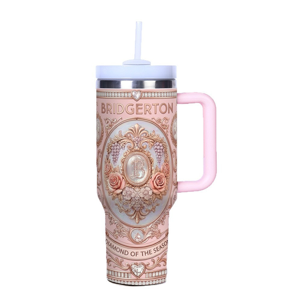 Insulated 40oz stainless steel tumbler with straw lid and a printed graphic design