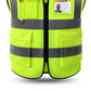 Close up of a fluorescent yellow work vest with ID window pocket, D-ring, flap pockets and center zip