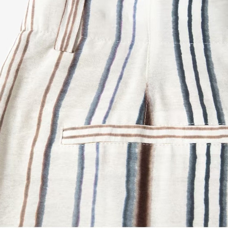 Back detail of striped pants showing welt pocket and vertical stripe pattern