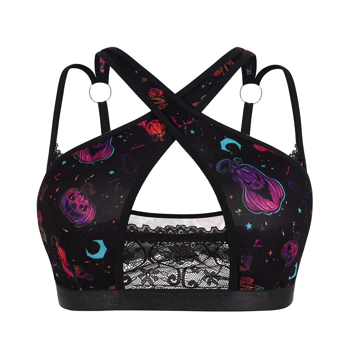 Black bra with purple and teal pumpkins and moons, keyhole and black lace panel, Cyberpunk pumpkin option, size S